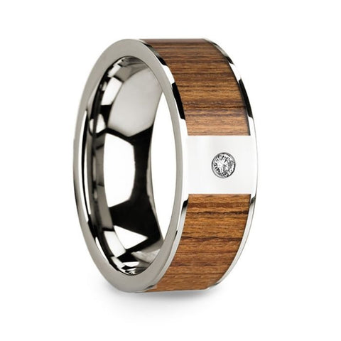 Men's Polished 14k White Gold & Teak Wood Inlaid Wedding Band with Diamond - 8mm Rings, Wedding Ring