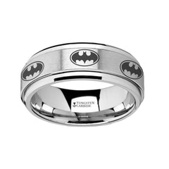 Spinning Engraved Batman Logo Tungsten Carbide Spinner Wedding Band - 8mm, Men's Wedding Band and Promise Rings.