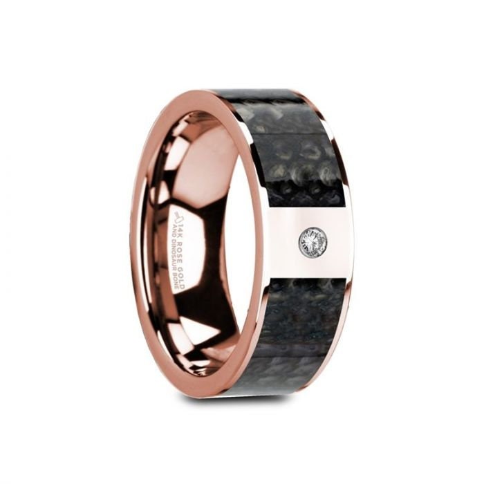 GALESI Flat 14K Rose Gold with Blue Dinosaur Bone Inlay and White Diamond Setting - 8mm, Wedding & Promise Rings.