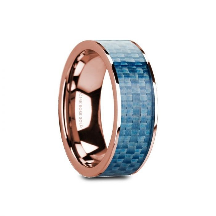 GANESH Flat 14K Rose Gold with Blue Carbon Fiber Inlay and Polished Edges - 8mm, Wedding & Promise Rings.