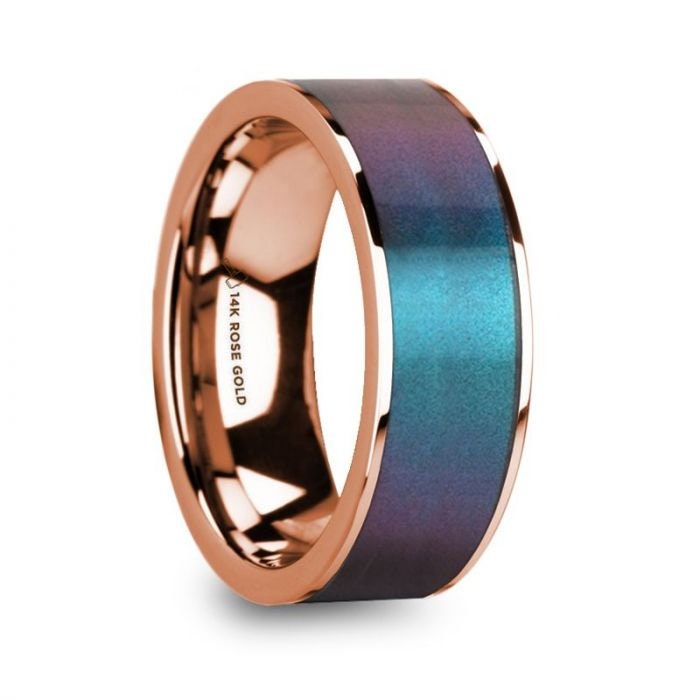 LOUKAS Blue and Purple Color Changing Inlaid Polished 14k Rose Gold Men's Wedding Ring - 8mm, Wedding & Promise Rings.