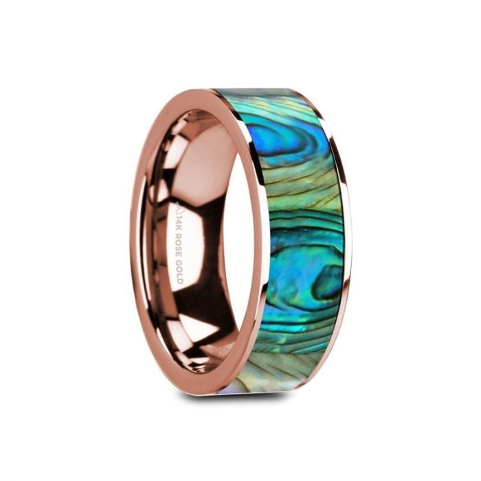 GREDEL Flat 14K Rose Gold with Mother of Pearl Inlay and Polished Edges - 8mm, Wedding & Promise Rings.