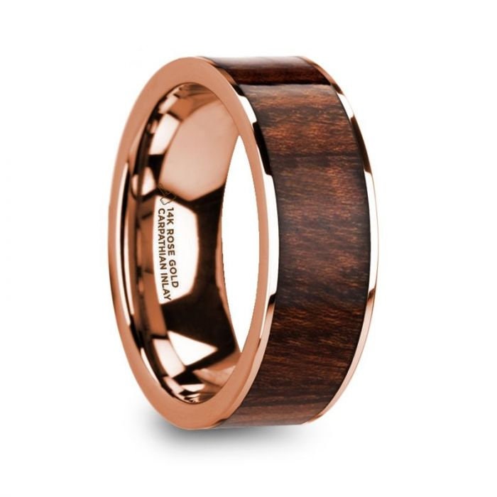 OLYMPOS Polished 14k Rose Gold Men's Wedding Ring with Carpathian Wood Inlay - 8mm, Wedding & Promise Rings.