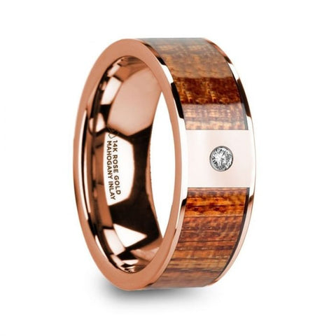 NIKIAS Men's Polished 14k Rose Gold Wedding Band with Mahogany Wood Inlay and Diamond - 8mm, Wedding & Promise Rings.