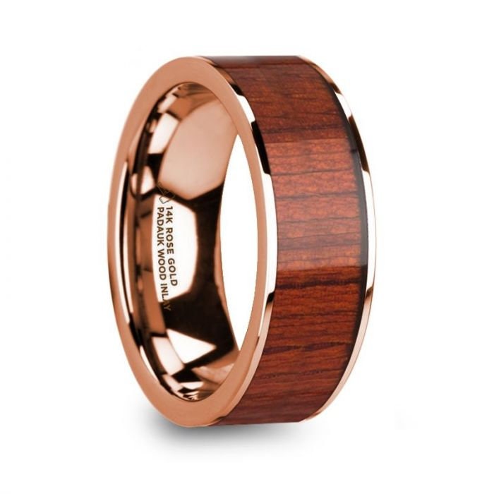 NIKANOR Polished Finish 14k Rose Gold Men's Wedding Band with Padauk Wood Inlay - 8mm, Wedding & Promise Rings.