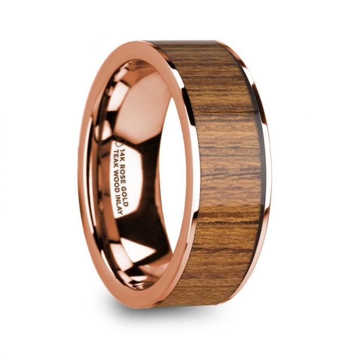 VERNADOS Polished 14k Rose Gold Men's Wedding Band with Teak Wood Inlay - 8mm, Wedding & Promise Rings.