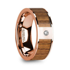 VASILIS Men's Polished 14k Rose Gold and Teak Wood Inlaid Wedding Band with Diamond - 8mm, Wedding & Promise Rings.