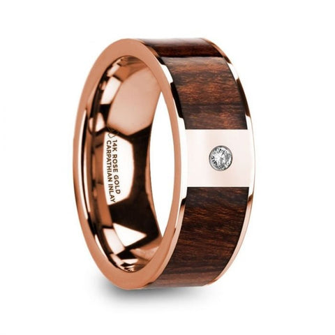 SPIRIDON Men's Diamond Center Polished 14k Rose Gold Wedding Band with Carpathian Wood Inlay - 8mm, Wedding & Promise Rings.