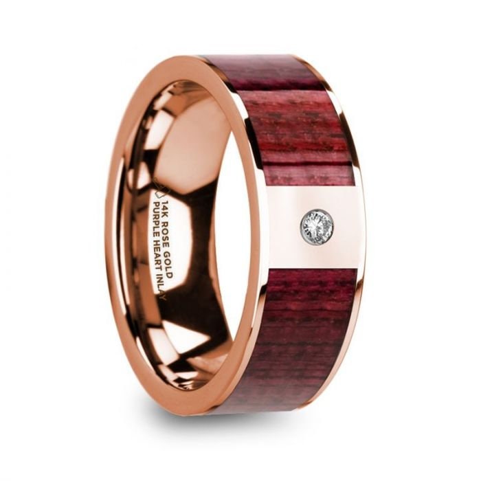 ORESTES Men's Polished 14k Rose Gold Wedding Band with Purpleheart Wood Inlay and Diamond - 8mm, Wedding & Promise Rings.