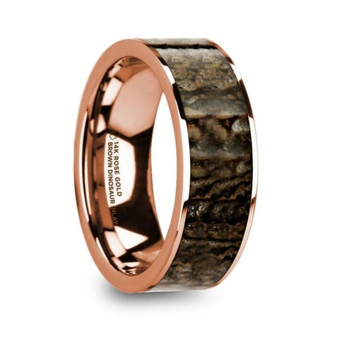 ORESTE Polished 14k Rose Gold Men's Flat Wedding Ring with Brown Dinosaur Bone Inlay - 8mm, Wedding & Promise Rings.