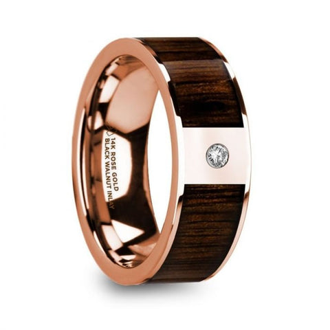 MITROS Men's Polished 14k Rose Gold and Black Walnut Inlay Wedding Ring with Diamond - 8mm, Wedding & Promise Rings.