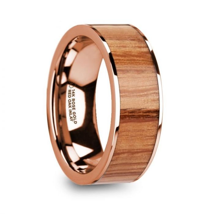 MILOS Polished Flat 14k Rose Gold Men's Wedding Ring with Red Oak Wood Inlay - 8mm, Wedding & Promise Rings.