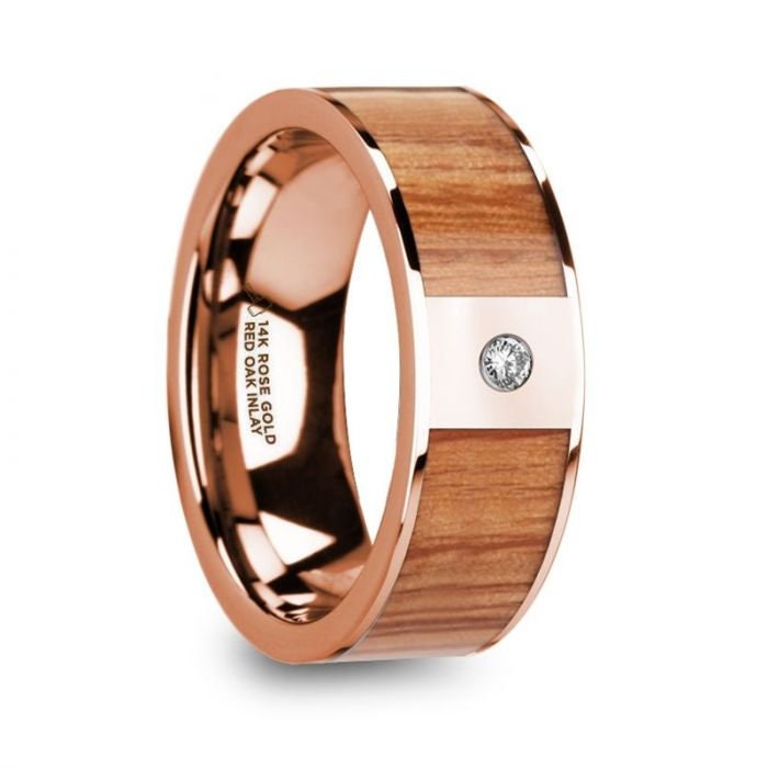 MARINOS Polished 14k Rose Gold Men's Wedding Band with Red Oak Wood Inlay and Diamond Accent - 8mm, Wedding & Promise Rings.