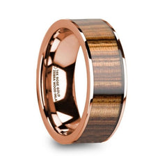 MAHAIL Men's Polished 14k Rose Gold and Zebra Wood Inlay Flat Wedding Ring - 8mm, Wedding & Promise Rings.