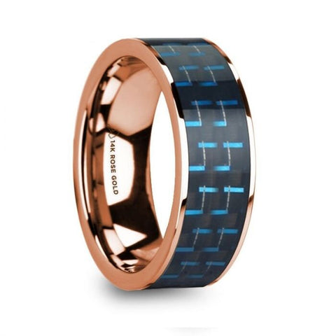 LUCIAN Polished 14k Rose Gold and Black/Blue Carbon Fiber Inlaid Flat Wedding Ring - 8mm, Wedding & Promise Rings.