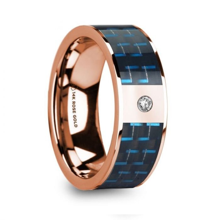 KYROS Polished 14k Rose Gold Diamond Wedding Ring with Blue and Black Carbon Fiber Inlay - 8mm, Wedding & Promise Rings.