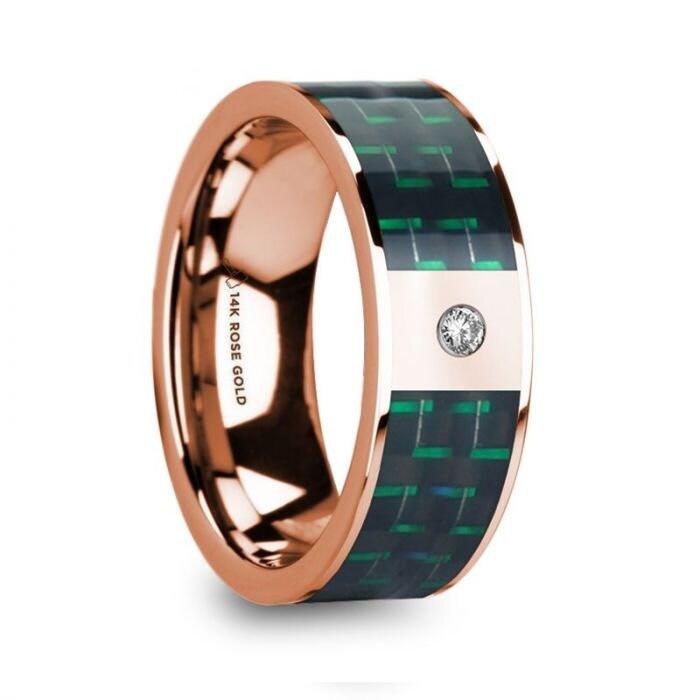 ISAAKIOS Diamond Accented 14k Rose Gold Men's Wedding Ring with Black & Green Carbon Fiber Inlay - 8mm, Wedding, Engagement and Promise Ring