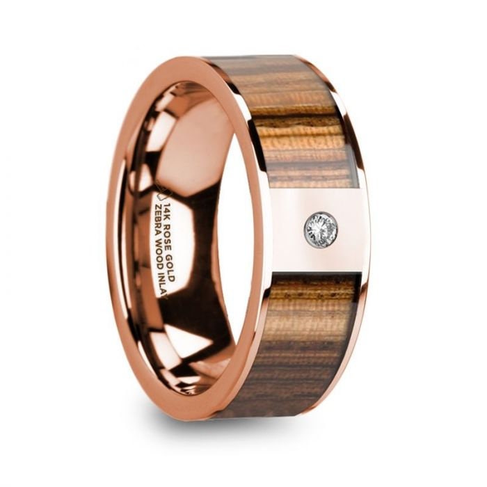 GLAUCUS Flat 14K Rose Gold with Zebra Wood Inlay & White Diamond Setting - 8mm, Wedding, Engagement and Promise Ring