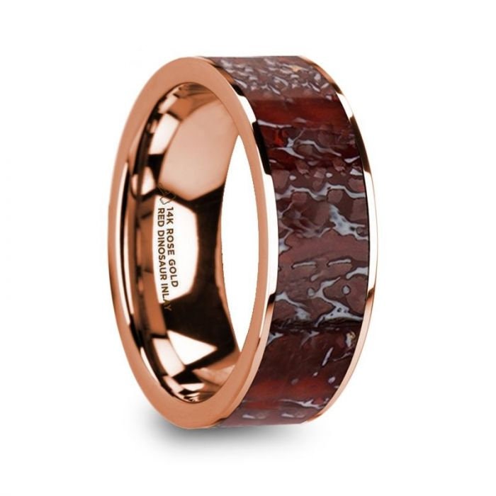 RAPTOR Flat 14K Rose Gold with Red Dinosaur Bone Inlay - 8mm, Wedding, Engagement and Promise Ring