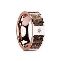 GAVINO Flat 14K Rose Gold with Brown Dinosaur Inlay & White Diamond Setting - 8mm, Wedding, Engagement and Promise Ring