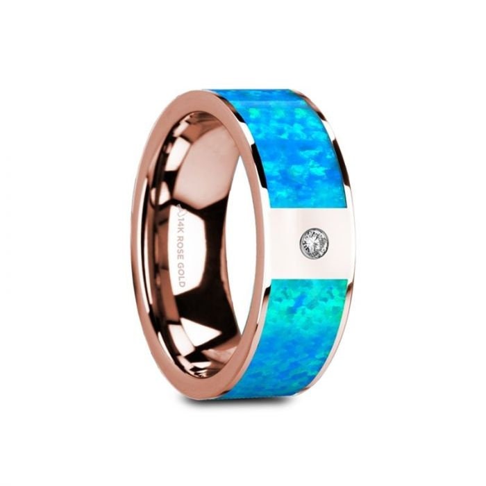 GAIOS Flat 14K Rose Gold with Blue Opal Inlay & White Diamond Setting - 8mm, Wedding, Engagement and Promise Ring