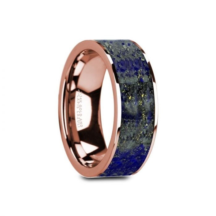 GALEN Flat 14K Rose Gold with Blue Lapis Lazuli Inlay and Polished Edges - 8mm, Wedding, Engagement and Promise Ring