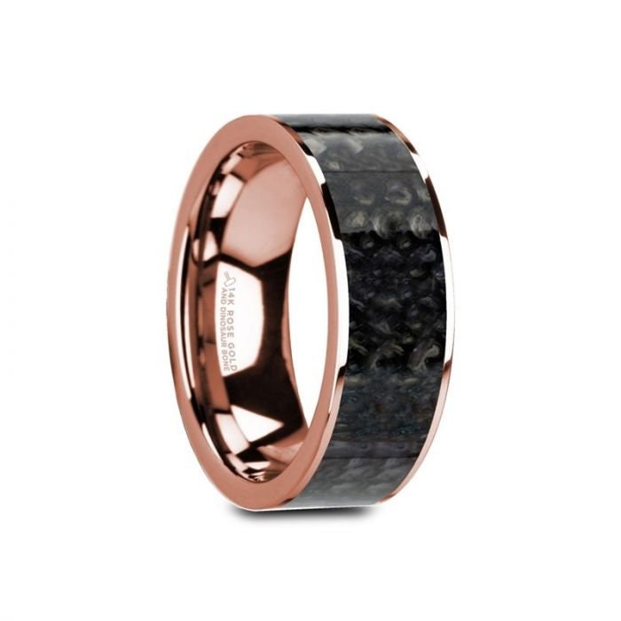 GAMAL Flat 14K Rose Gold with Blue Dinosaur Bone Inlay and Polished Edges - 8mm, Wedding, Engagement and Promise Ring