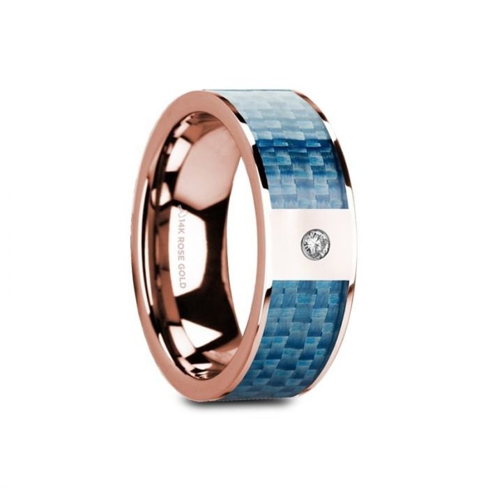 GARTH Flat 14K Rose Gold with Blue Carbon Fiber Inlay & White Diamond Setting - 8mm, Wedding, Engagement and Promise Ring