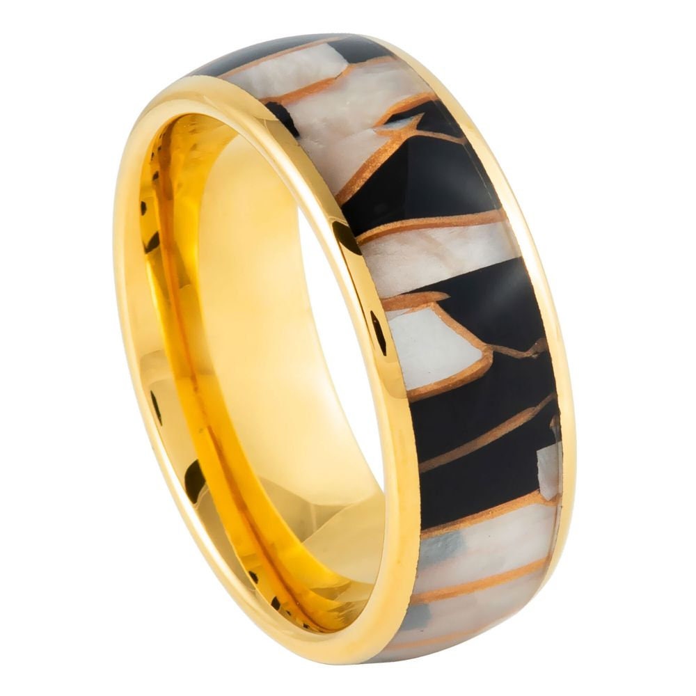 Men's Yellow IP Plated Capiz Black Resin and Gold Shavings Inlay- 8mm Tungsten Tungsten Ring