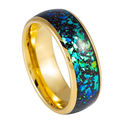 Men's Dome Yellow IP Green Synthetic Opal and Abalone Fragments- 8mm Tungsten Tungsten Ring