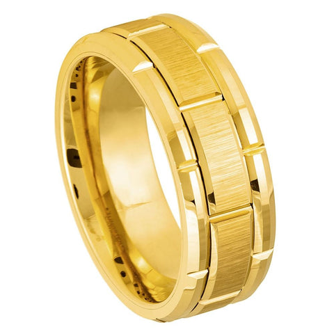 Men's Yellow IP Plated Brick Pattern Design- 8mm Tungsten Tungsten Ring