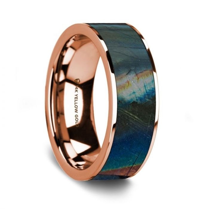 Flat Polished 14K Rose Gold Wedding Ring with Spectrolite Inlay - 8 mm Rings, Wedding, Engagement and Ring