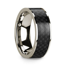 Polished 14k White Gold Men's Wedding Band with Black Carbon Fiber Inlay - 8mm Rings, Wedding, Engagement and Ring