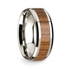 14k White Gold Polished Beveled Edges Wedding Ring with Teakwood Inlay - 8 mm Rings, Wedding, Engagement and Ring