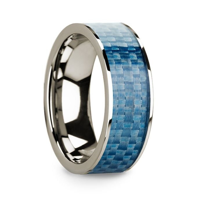 Flat 14k White Gold with Blue Carbon Fiber Inlay and Polished Edges - 8mm Rings, Wedding, Engagement and Ring