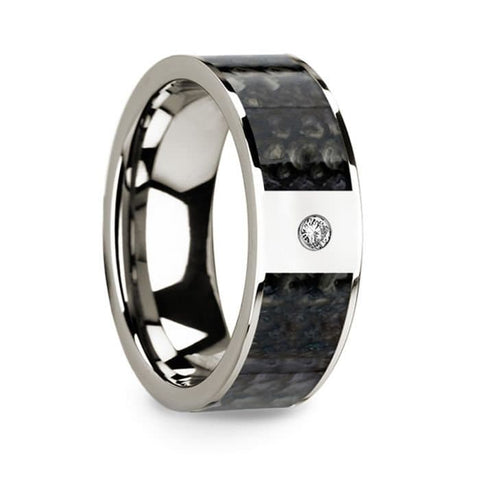 Flat 14k White Gold with Blue Dinosaur Bone Inlay & White Diamond Setting - 8mm Rings, Wedding, Engagement and Ring