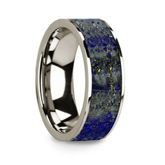 Flat 14k White Gold with Blue Lapis Lazuli Inlay and Polished Edges - 8mm Rings, Wedding, Engagement and Ring