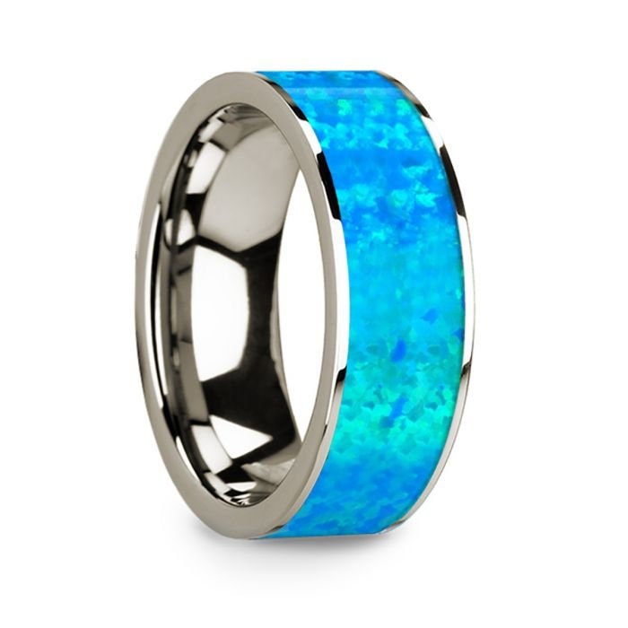 Flat 14k White Gold with Blue Opal Inlay and Polished Edges - 8mm Rings, Wedding, Engagement and Ring