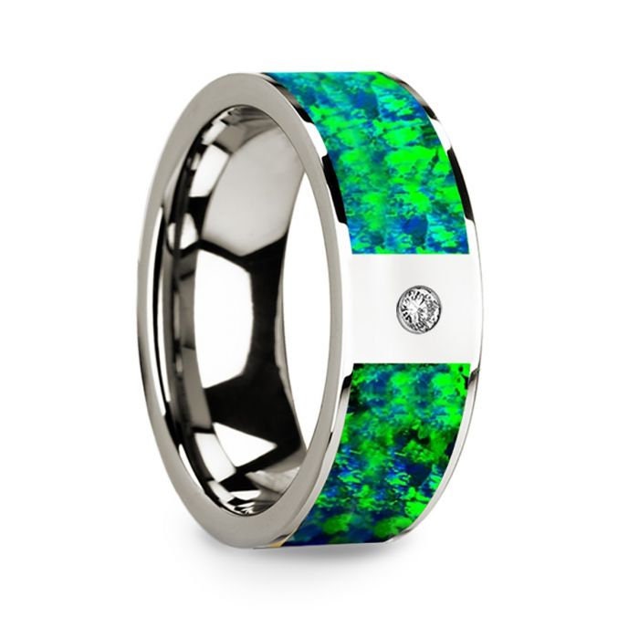 Men's Polished 14k White Gold & Green/Blue Opal Inlay Wedding Ring with Diamond - 8mm Rings, Wedding, Engagement and Ring