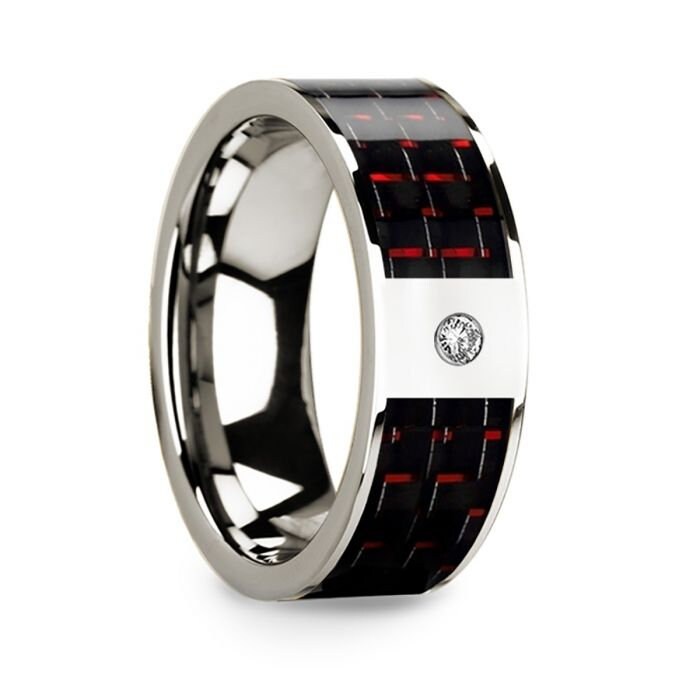 Mens 14k White Gold Flat Wedding Ring with Red & Black Carbon Fiber Inlay  Diamond - 8mm Rings, Wedding Ring