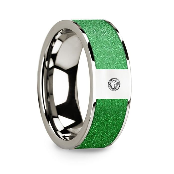 Polished 14k White Gold & Textured Green Inlaid Men's Wedding Ring with Diamond Accent - 8mm Rings, Wedding Ring