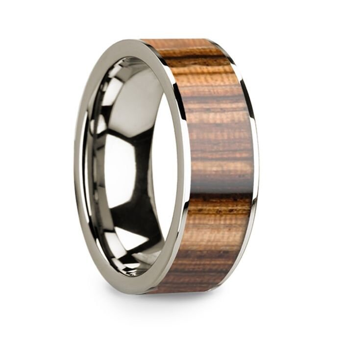 Men's Polished 14k White Gold & Zebra Wood Inlay Flat Wedding Ring - 8mm Rings, Wedding Ring