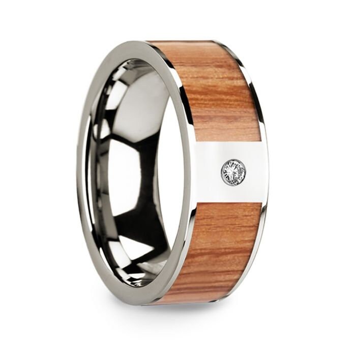 Polished 14k White Gold Men's Wedding Band with Red Oak Wood Inlay & Diamond Accent - 8mm Rings, Wedding Ring