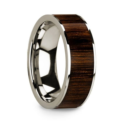 Polished 14k White Gold Men's Ring with Black Walnut Wood Inlay 8mm Rings, Wedding Ring