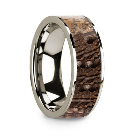 Polished 14k White Gold Men's Flat Wedding Ring with Brown Dinosaur Bone Inlay - 8mm Rings, Wedding Ring