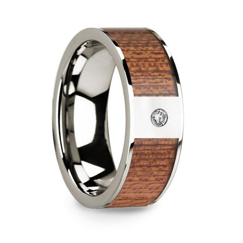 Men's Polished 14k White Gold Wedding Band with Cherry Wood Inlay & Diamond Center - 8mm Rings, Wedding Ring