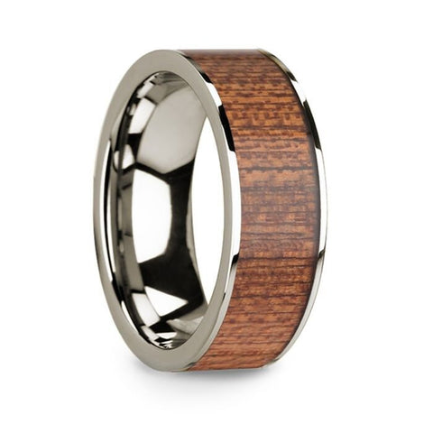 Polished 14k White Gold & Cherry Wood Inlay Men's Flat Wedding Ring - 8mm Rings, Wedding Ring