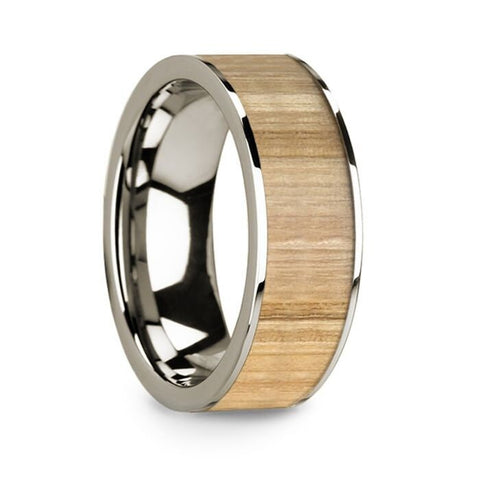 Polished 14k White Gold Men's Wedding Ring with Ash Wood Inlay - 8mm Rings, Wedding Ring