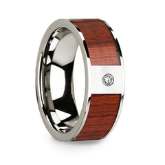 Men's 14k White Gold Polished Wedding Ring with Padauk Wood Inlay & Diamond - 8mm Rings, Wedding Ring