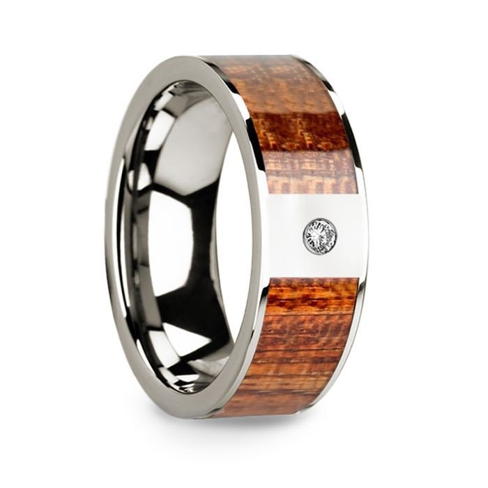 Men's Polished 14k White Gold Wedding Band with Mahogany Wood Inlay & Diamond - 8mm Rings, Wedding Ring